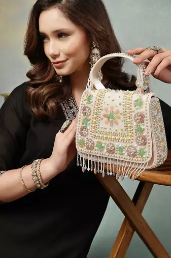 Anekaant blush & bead ivory satin concentric beadwork embellished clutch