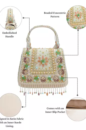 Anekaant blush & bead ivory satin concentric beadwork embellished clutch