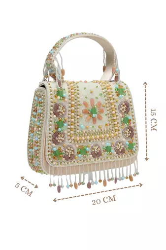 Anekaant blush & bead ivory satin concentric beadwork embellished clutch