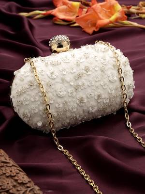 Anekaant glided gleam ivory net floral embellished clutch 1