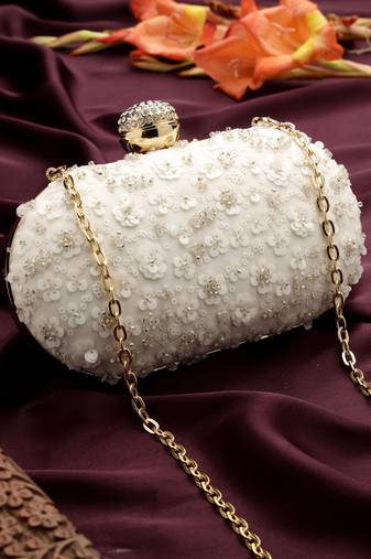 Anekaant glided gleam ivory net floral embellished clutch