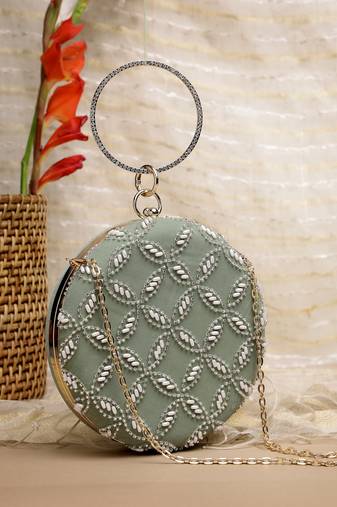 Anekaant glided gleam sage green net diamond embellished clutch