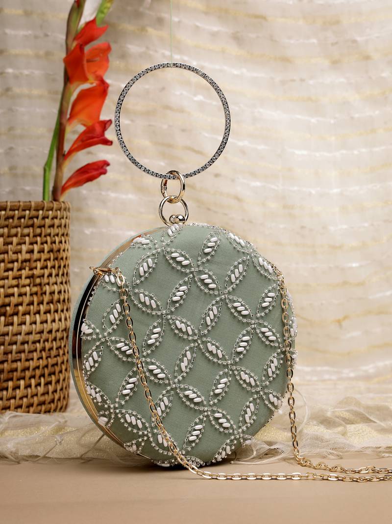 Anekaant glided gleam sage green net diamond embellished clutch