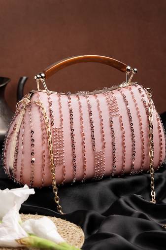 Anekaant glided gleam dusty pink net striped embellished clutch