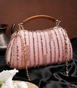 Anekaant glided gleam dusty pink net striped embellished clutch