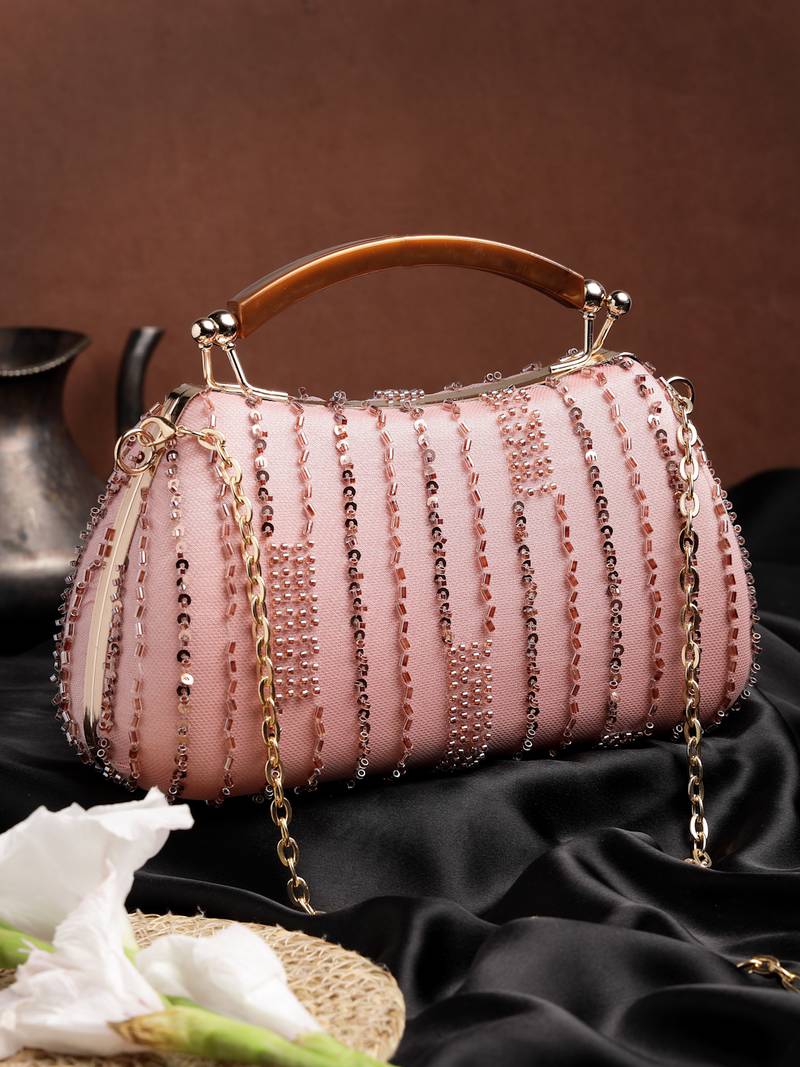 Anekaant glided gleam dusty pink net striped embellished clutch