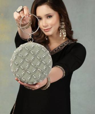 Anekaant glided gleam sage green net diamond embellished clutch 3