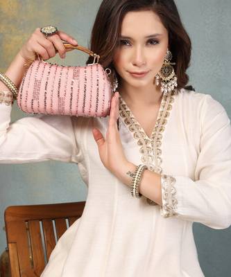Anekaant glided gleam dusty pink net striped embellished clutch 3