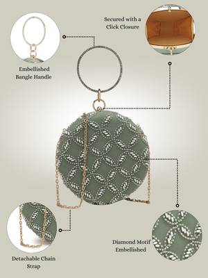 Anekaant glided gleam sage green net diamond embellished clutch 4