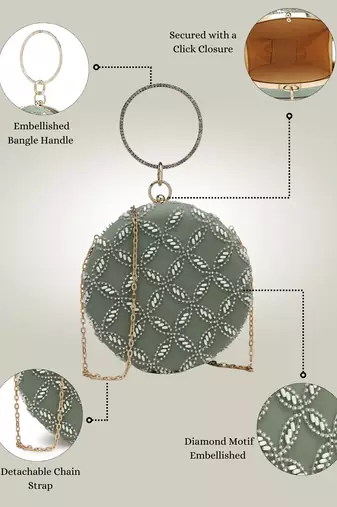 Anekaant glided gleam sage green net diamond embellished clutch