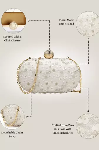 Anekaant glided gleam ivory net floral embellished clutch