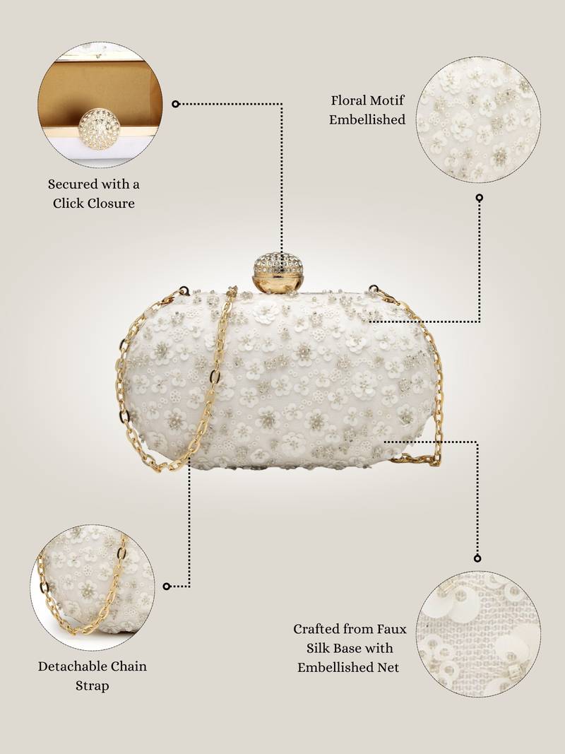 Anekaant glided gleam ivory net floral embellished clutch