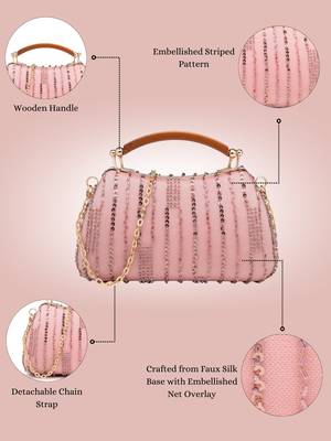 Anekaant glided gleam dusty pink net striped embellished clutch 4