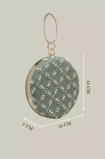 Anekaant glided gleam sage green net diamond embellished clutch