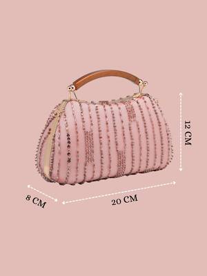 Anekaant glided gleam dusty pink net striped embellished clutch 5
