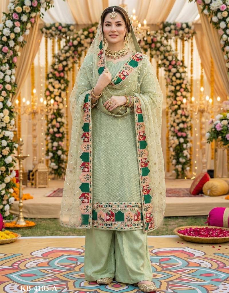 green georgette suit with embroidery & sequin work
