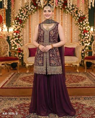 sharara set maroon georgette wedding embroidered 1