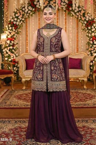 maroon georgette suit with multi embroidery & sequin work