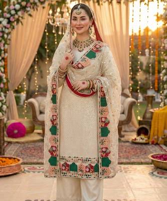 pakistani suit cream net wedding wear 1
