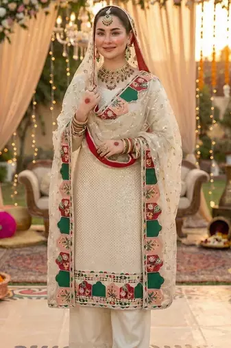 pakistani suit cream net wedding wear