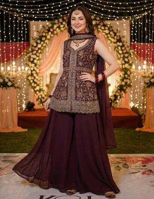 sharara set maroon georgette wedding embroidered 2