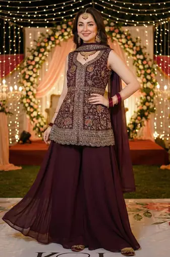 sharara set maroon georgette wedding embroidered