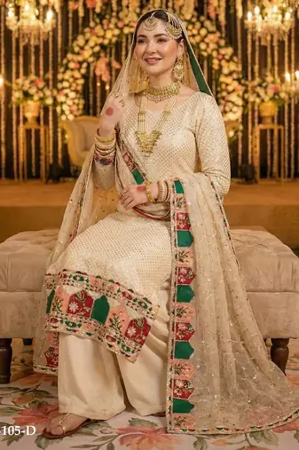 pakistani suit cream net wedding wear