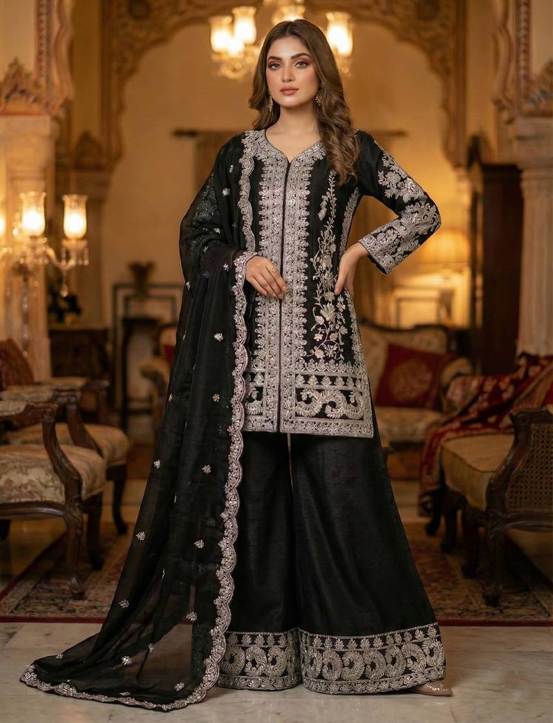 black chinon suit with embroidery & sequin work