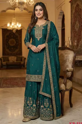 emerald green chinon embroidered palazzo suit