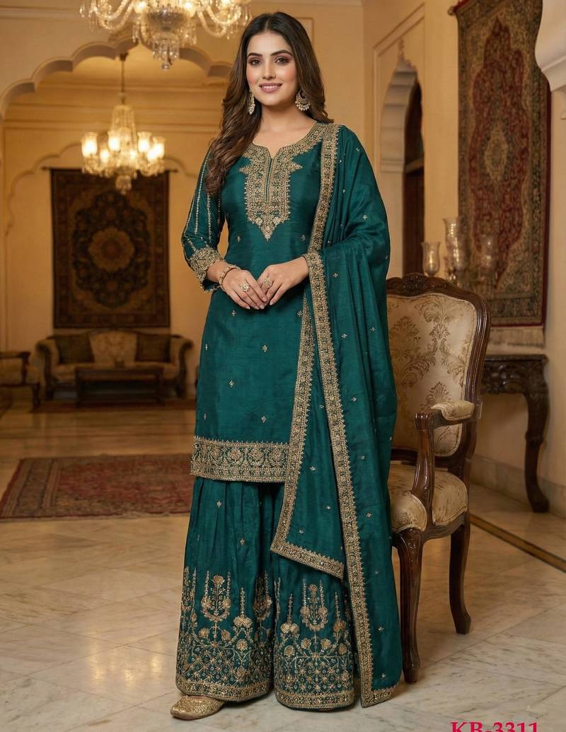 green chinon suit with embroidery & sequin work