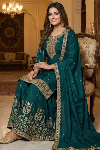 emeralDark green chinon embroidered palazzo suit