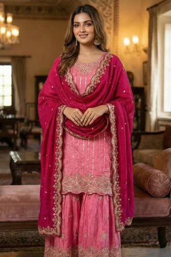 pink chinon embroidered & sequin palazzo suit