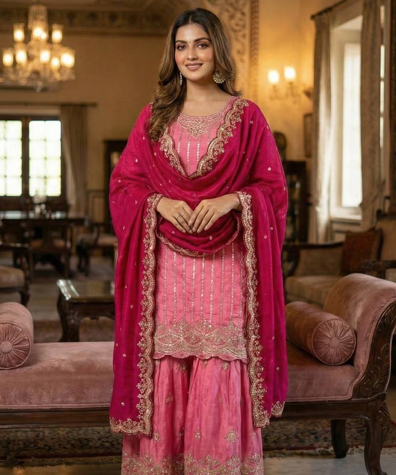 pink chinon suit with embroidery & sequin work