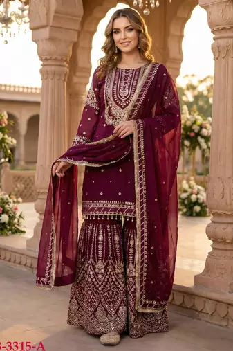 maroon georgette suit with embroidery & sequin work