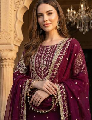 maroon georgette embroidered sequin sharara suit 2