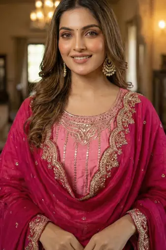 pink chinon embroidered & sequin palazzo suit