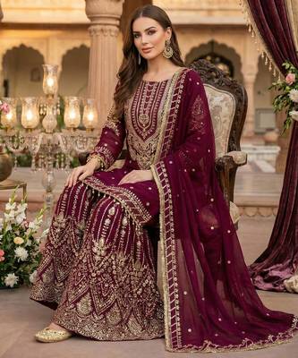 maroon georgette embroidered sequin sharara suit 3