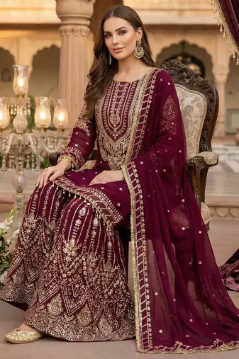 maroon georgette embroidered sequin sharara suit
