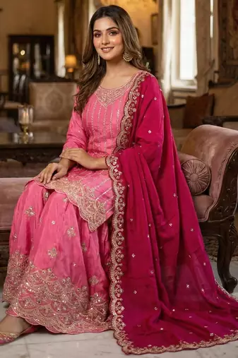 pink chinon embroidered & sequin palazzo suit