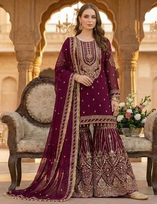 maroon georgette embroidered sequin sharara suit 4