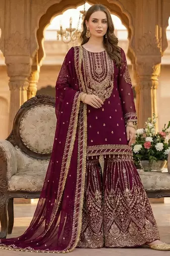 maroon georgette embroidered sequin sharara suit