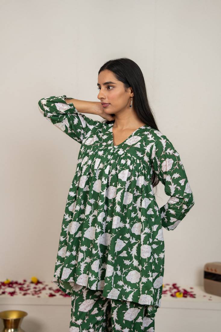 Green hand block printed cotton co-ord set