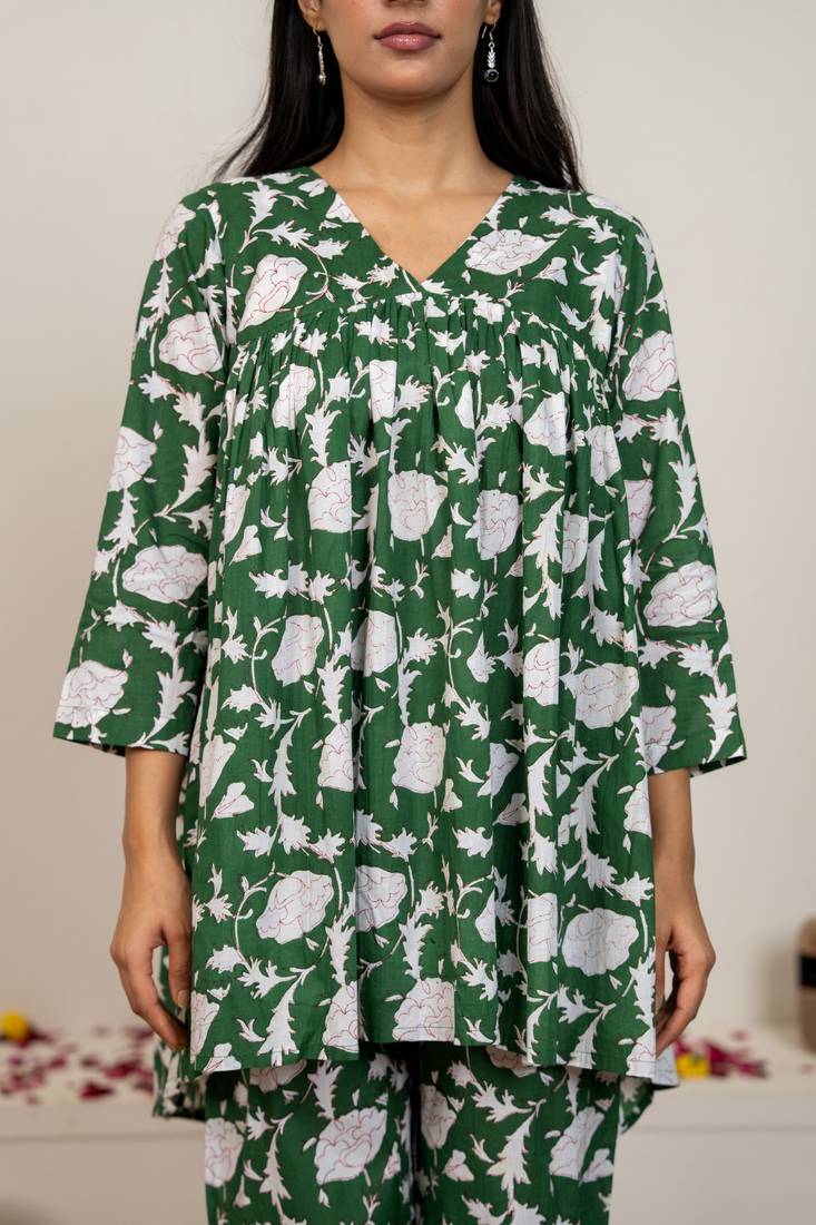 Green hand block printed cotton co-ord set
