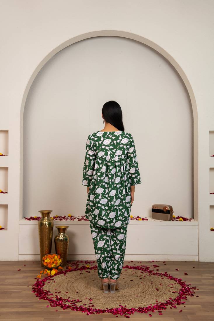 Green hand block printed cotton co-ord set