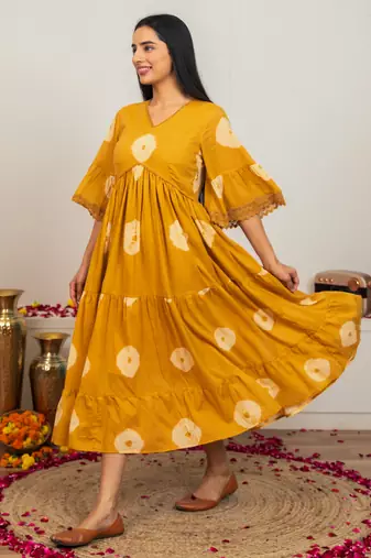 Mustard yellow tie & dye cotton dress