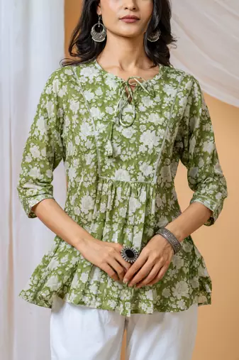 Green floral hand block printed cotton co-ord set