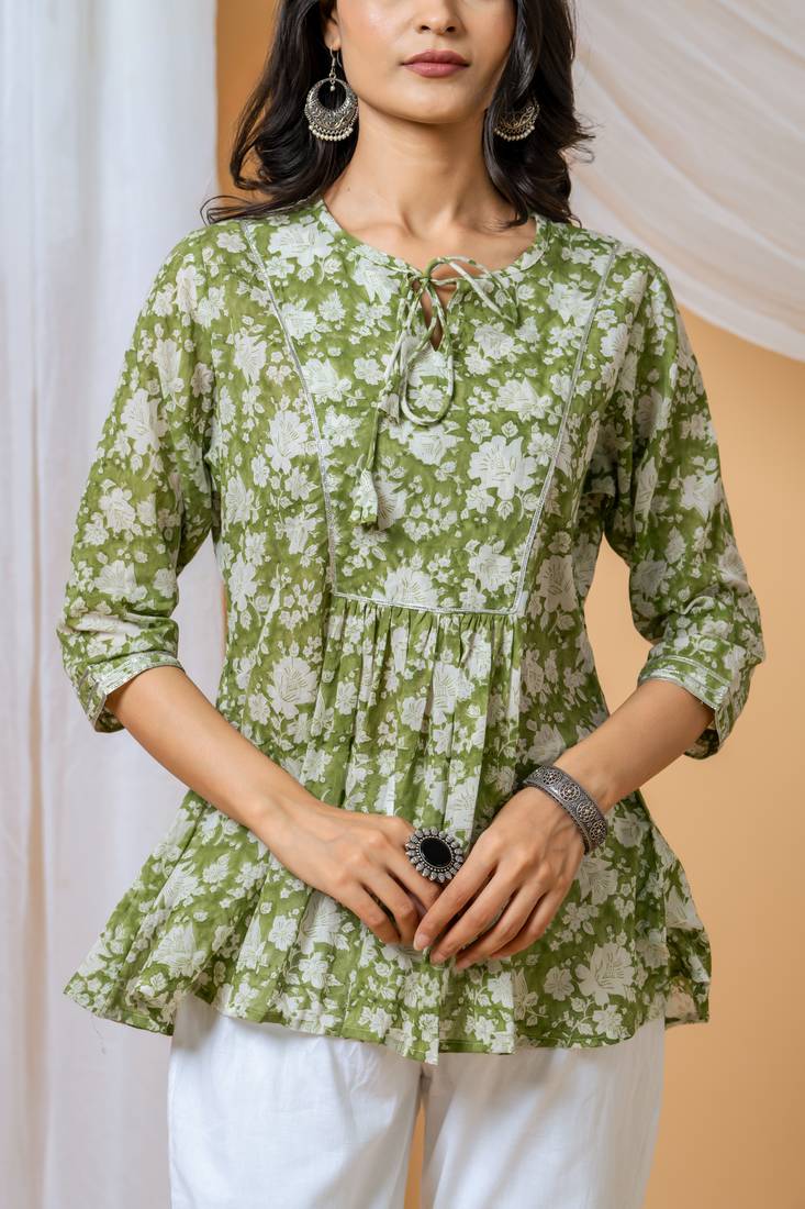 Green floral hand block printed cotton co-ord set