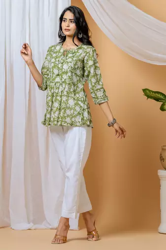 Green floral hand block printed cotton co-ord set