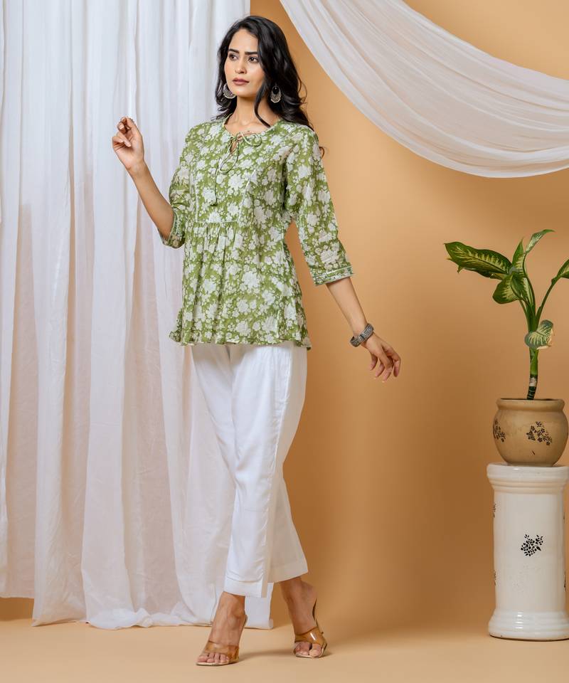 Green floral hand block printed cotton co-ord set