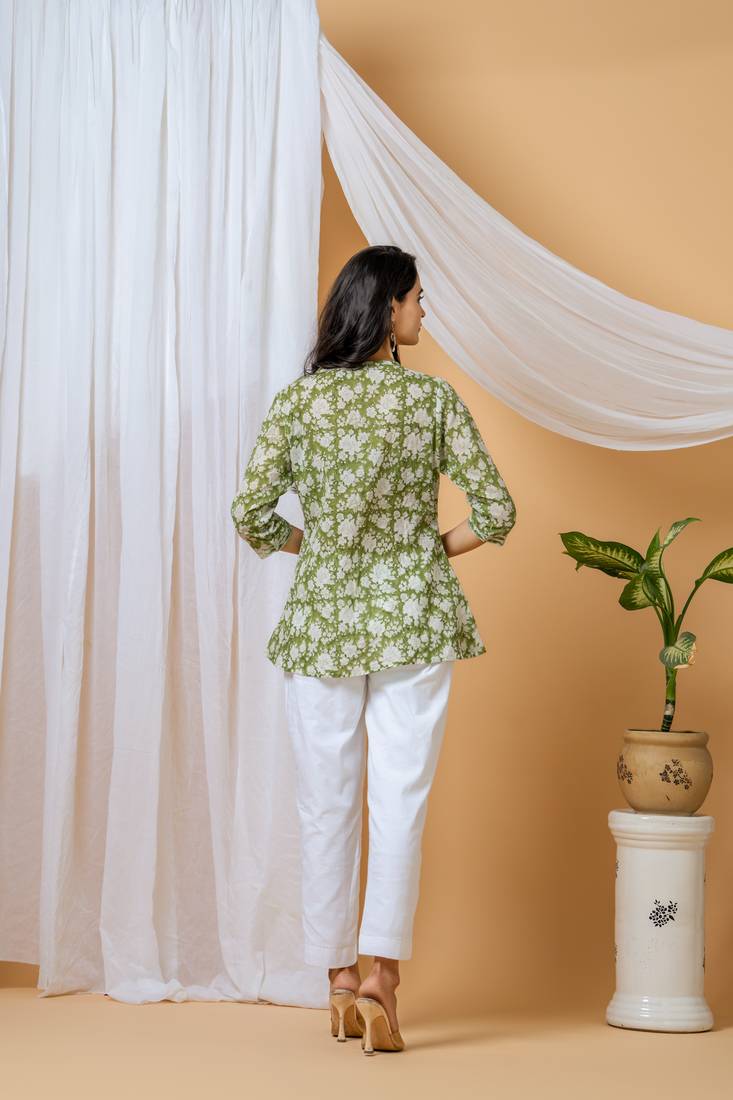 Green floral hand block printed cotton co-ord set